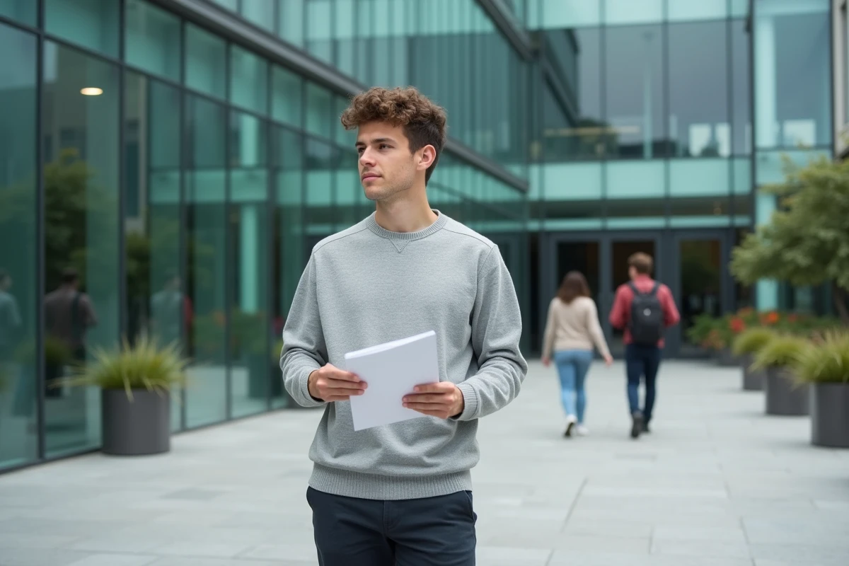 Étudiant STMG devant une école de commerce moderne tenant un prospectus d'admission en 2026