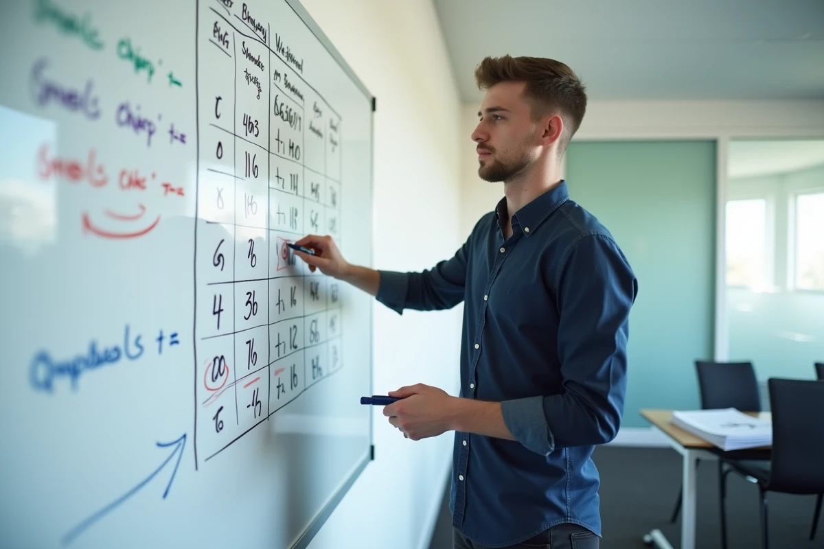 Étudiant expliquant la pondération des épreuves et le calcul du score BCE 2026 devant un tableau blanc