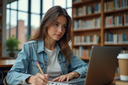 Étudiante prenant des notes sur son ordinateur portable dans une bibliothèque universitaire lors de la rentrée à l'ENT Artois