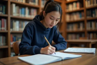 Étudiante seule en train d'étudier dans une bibliothèque universitaire, comparant des programmes de formation LISE et ENSAM