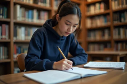 Étudiante seule en train d'étudier dans une bibliothèque universitaire, comparant des programmes de formation LISE et ENSAM