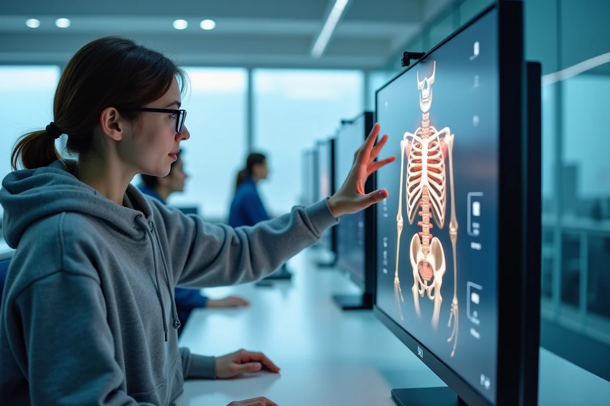 Étudiante en génie biomédical manipulant un modèle 3D de structures internes sur un écran tactile