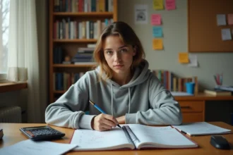 Étudiante calculant sa moyenne générale avec coefficients sur un bureau encombré de notes et d'une calculatrice