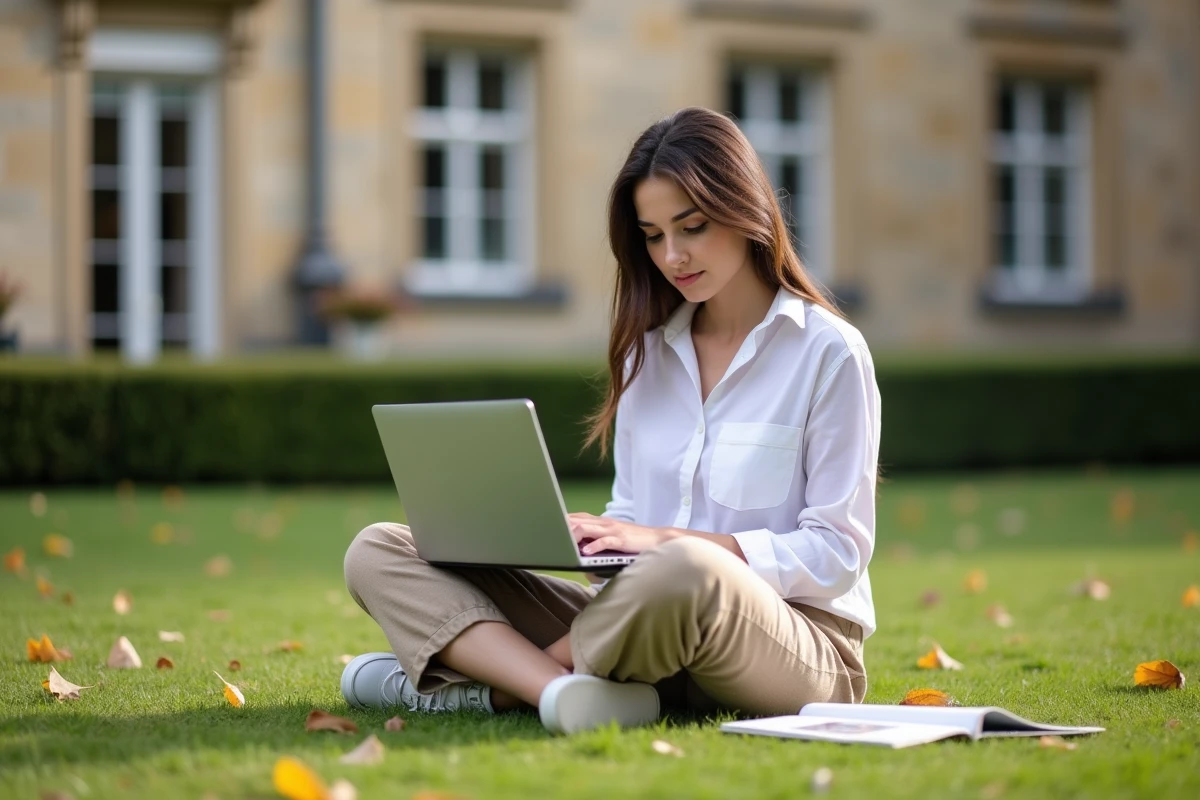 Étudiante assise sur le campus en plein air consultant son ordinateur portable pour comparer les formations LISE et ENSAM