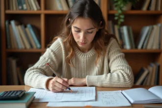 Étudiante révisant le barème et les coefficients BCE 2026 avec des feuilles de calcul annotées sur un bureau en bois