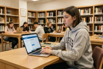 Étudiante de l'UPEC connectée à la plateforme Cristolink sur son ordinateur portable dans une bibliothèque universitaire