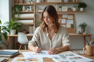 Étudiante en décoration intérieure analysant un tableau d'inspiration dans un studio de formation professionnel