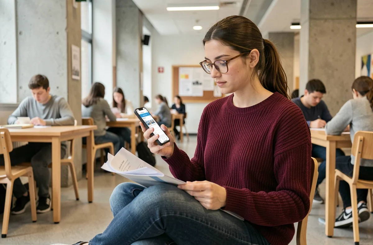 Étudiante consultant l'extranet ESG sur smartphone pour suivre l'avancement de la validation de son stage dans un espace commun universitaire