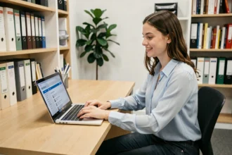Étudiante utilisant l'extranet ESG pour valider son stage sur un ordinateur portable dans un bureau universitaire moderne