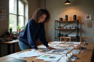 Étudiante en école de photographie Gobelins penchée sur une table de travail couverte de tirages photo et de planches créatives dans un studio parisien