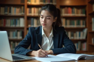 Étudiante en STMG préparant son dossier d'admission pour une école de commerce dans une bibliothèque universitaire