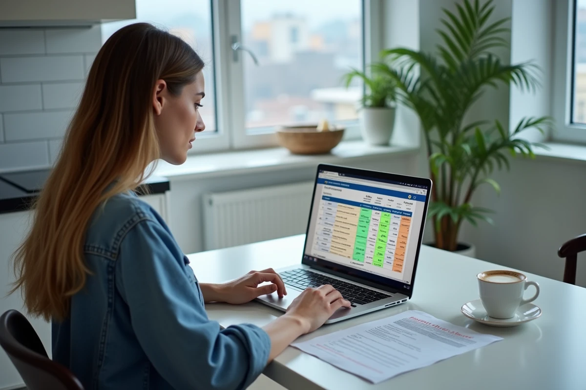 Étudiante utilisant un tableur sur ordinateur portable pour calculer sa moyenne générale avec les coefficients