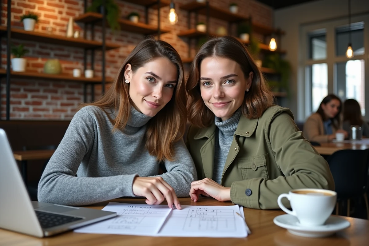 Deux étudiantes analysant ensemble le barème et les exemples de calcul du coefficient BCE 2026 dans un café