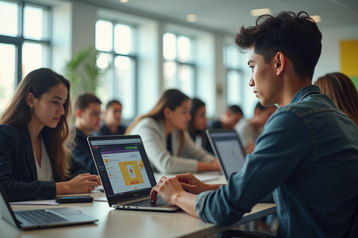 Étudiants en classe moderne utilisant Moodle sur leurs ordinateurs