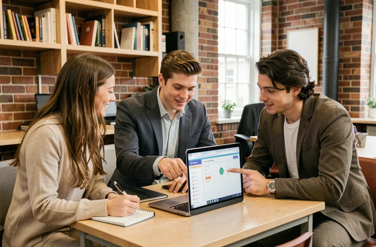 Groupe d'étudiants collaborant sur une plateforme d'apprentissage en ligne dans un espace de coworking universitaire