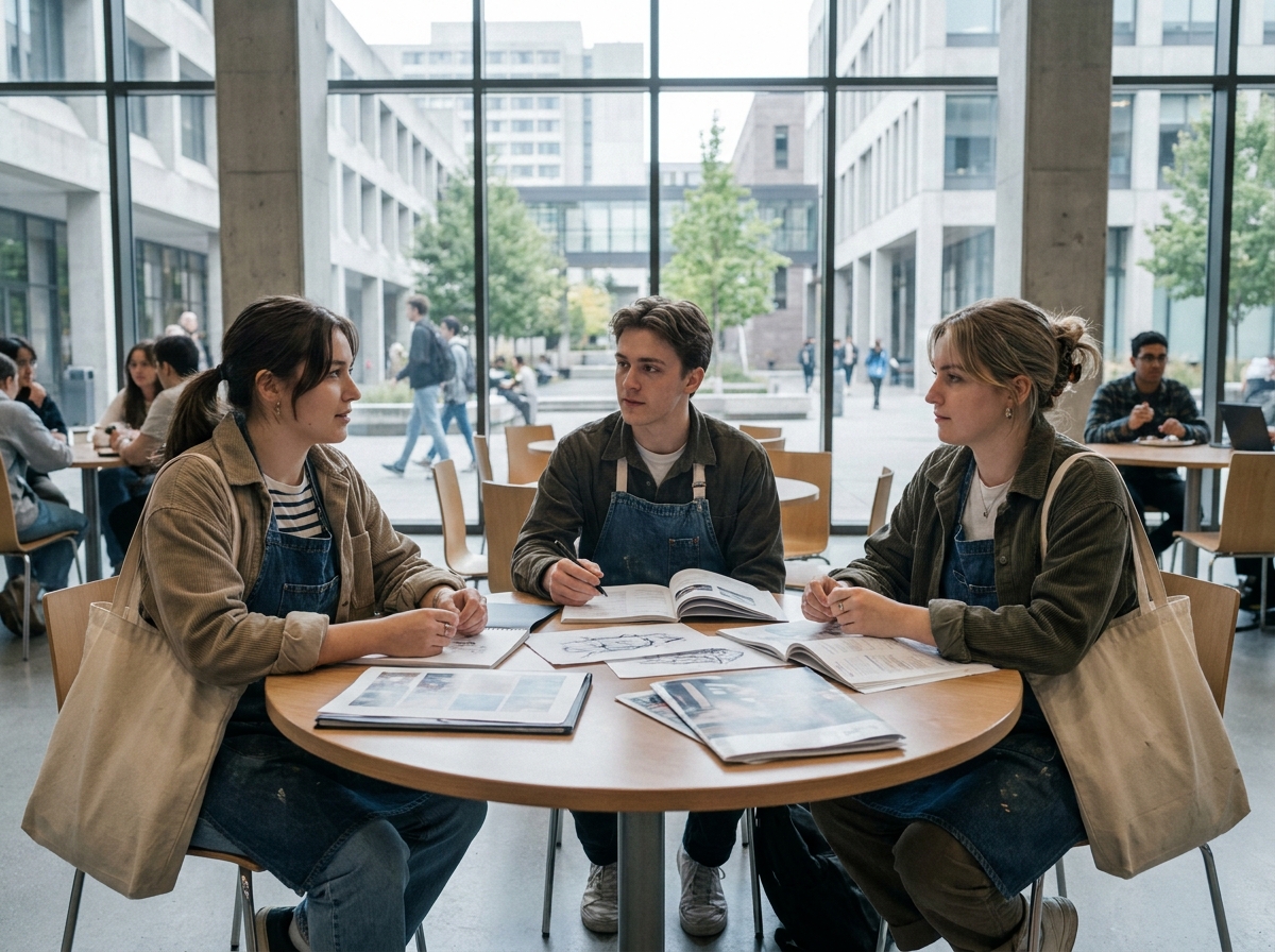 Groupe d'étudiants comparant des portfolios et brochures d'écoles d'arts créatifs dans une cafétéria universitaire moderne