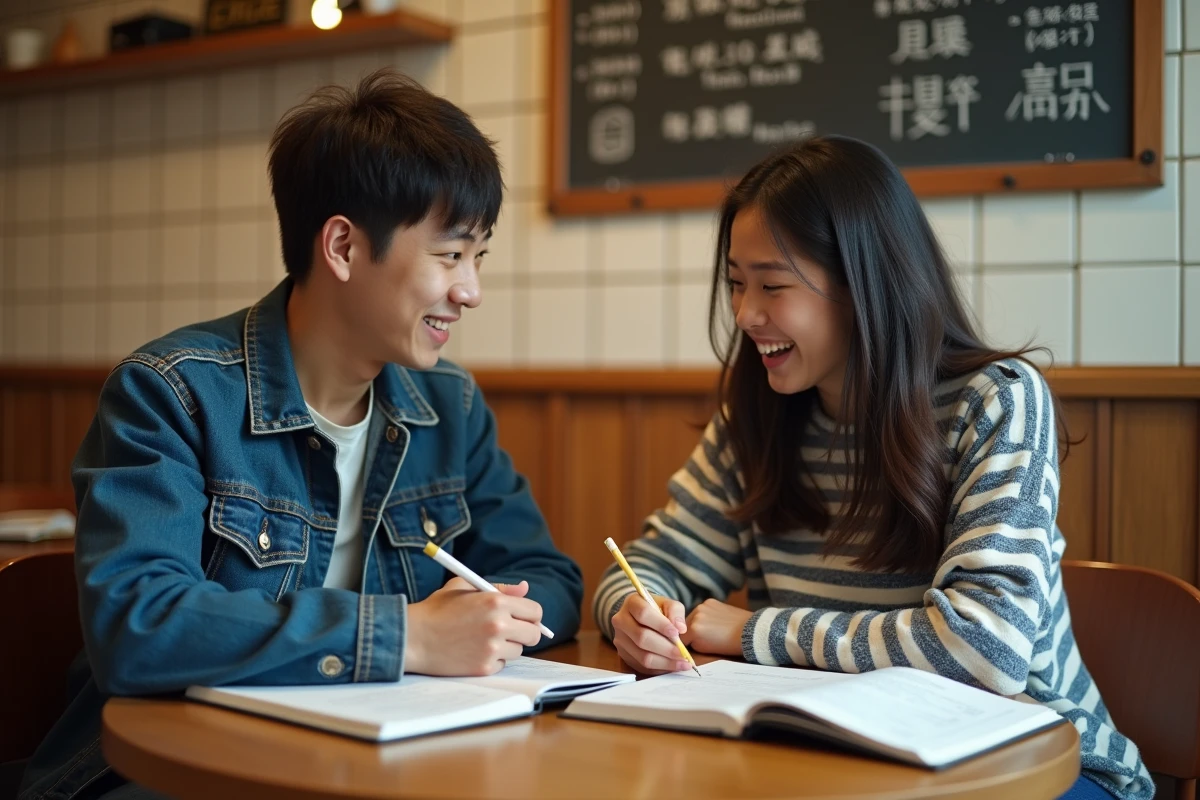 Deux étudiants en train de discuter des différences entre le japonais et le chinois autour de leurs cahiers dans un café urbain