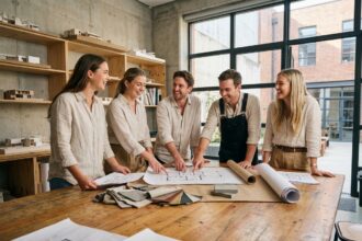Groupe d'étudiants en école d'architecture d'intérieur réunis autour d'une table de studio couverte de plans et échantillons de matériaux