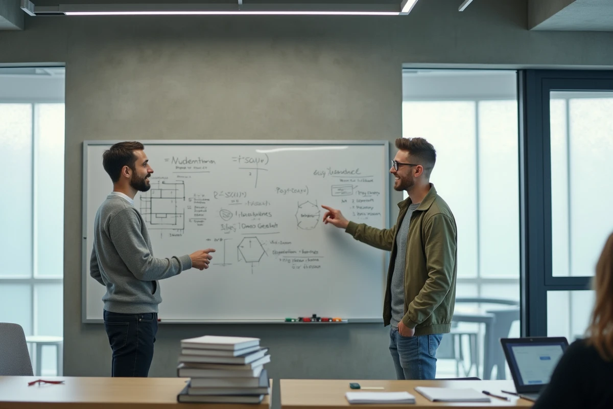 Deux étudiants en ingénierie discutant devant un tableau blanc dans une salle de cours moderne, évoquant les différences entre les écoles ENSAM et LISE
