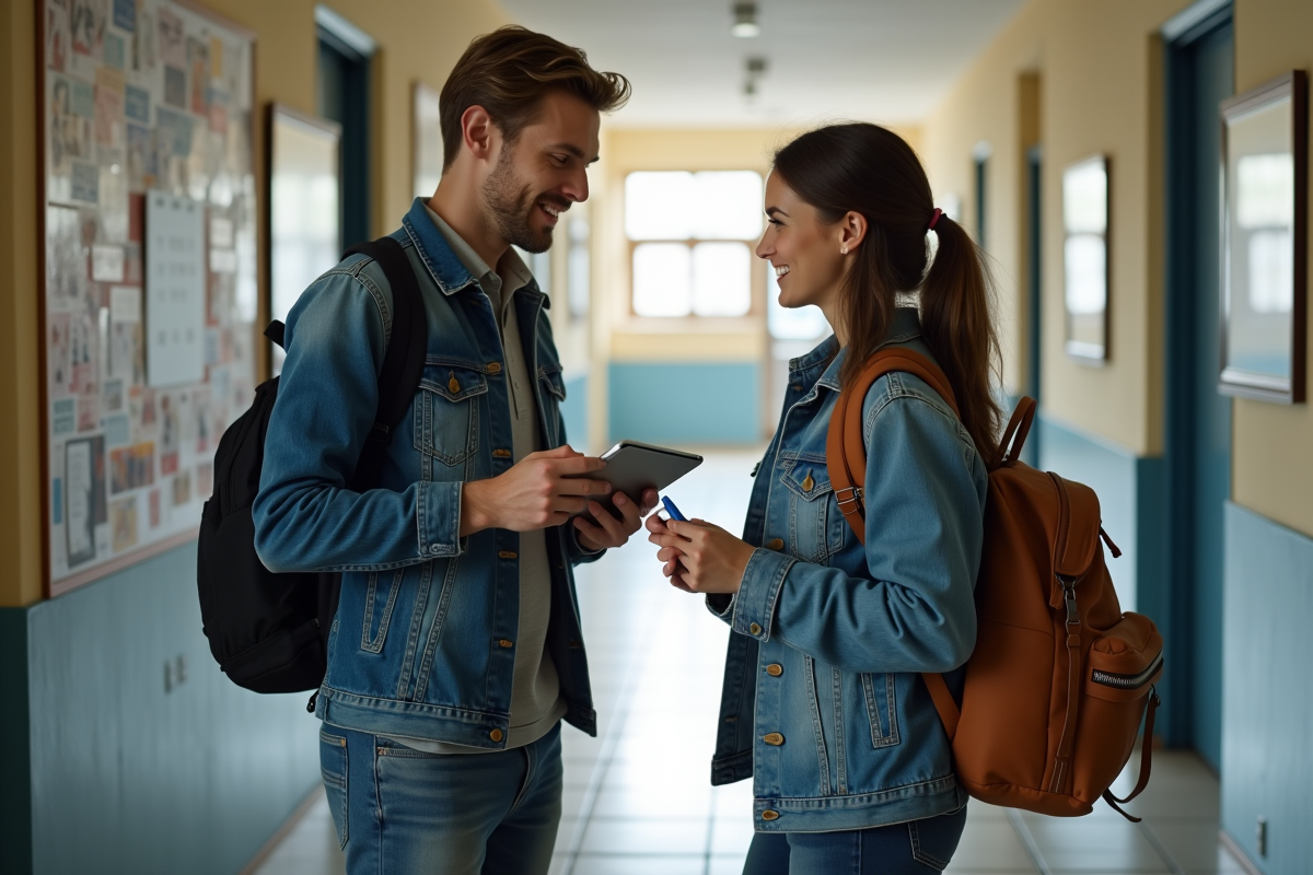 Deux étudiants discutant dans un couloir universitaire