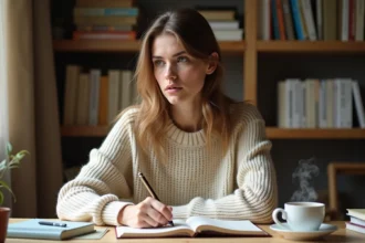 Jeune femme concentrée qui étudie le français à son bureau avec des livres de grammaire et des notes manuscrites