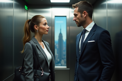 Femme d'affaires dans un ascenseur moderne avec un homme en costume