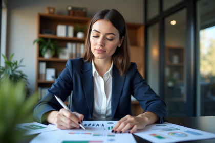 Jeune femme d'affaires analysant des graphiques dans un bureau moderne