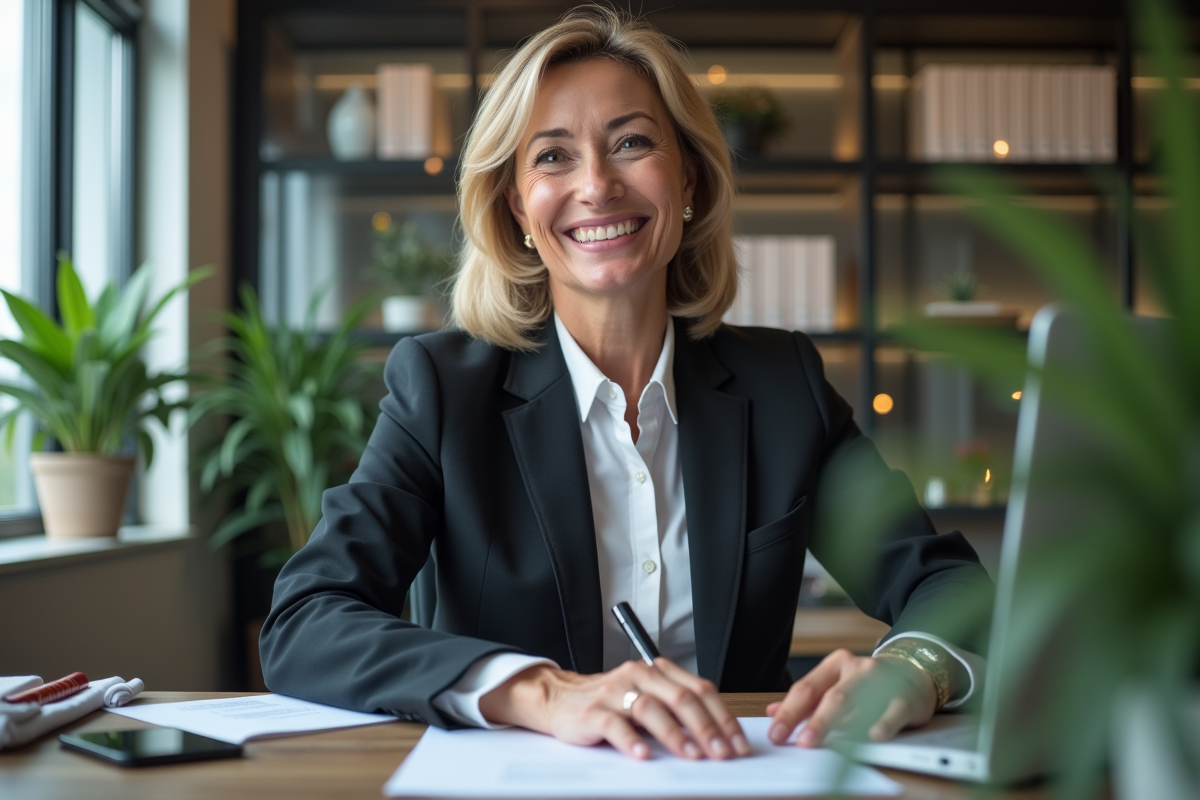 Femme d'affaires confiante en costume moderne dans un bureau