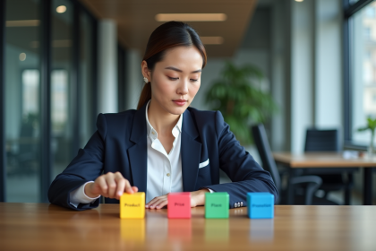 Femme d'affaires arrangeant des cubes marketing colorés