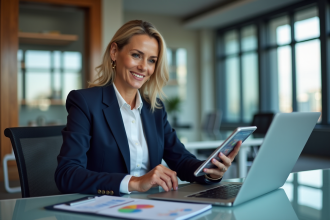 Femme d'affaires confiante analysant des graphiques financiers