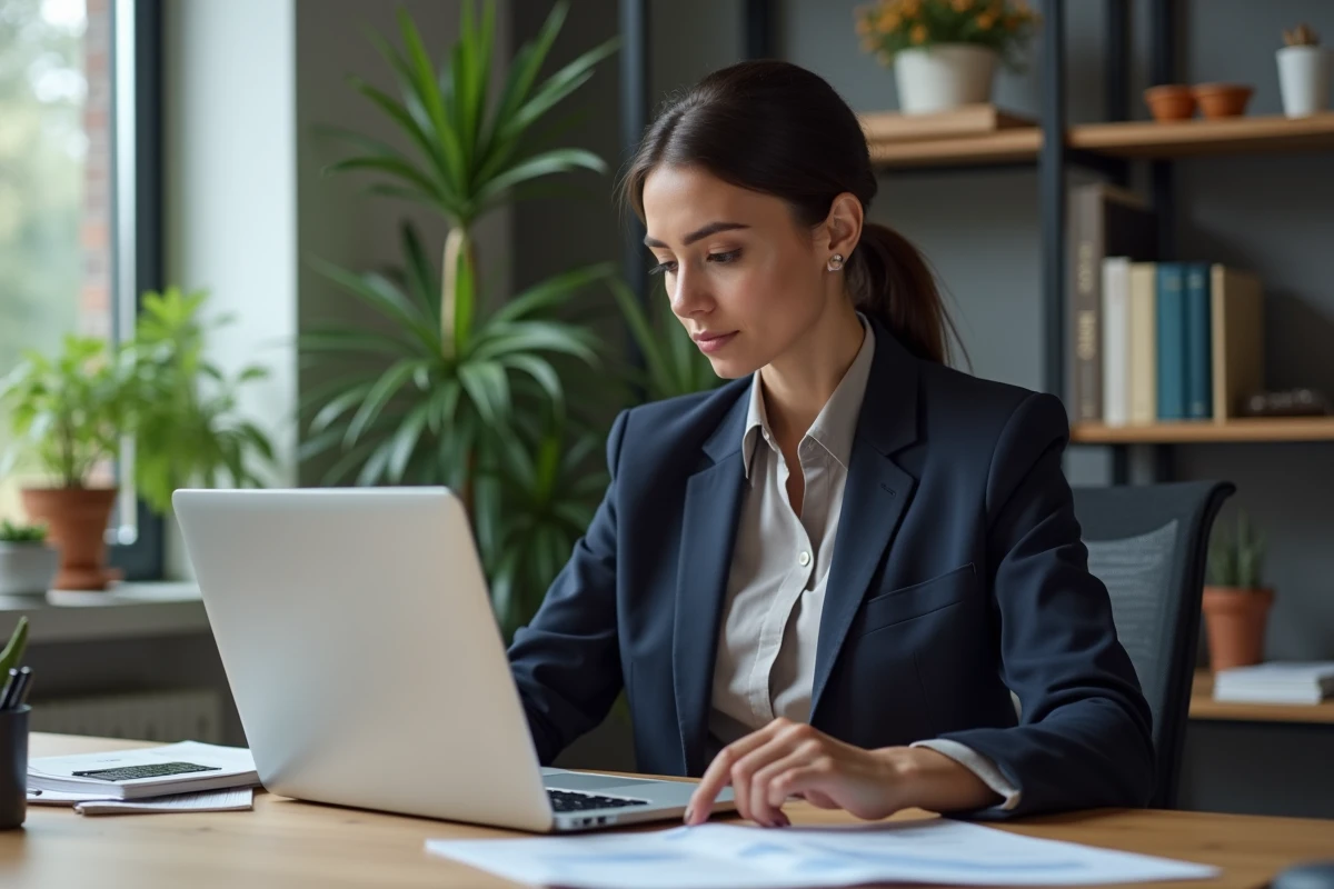 Femme d'affaires en costume dans un bureau moderne
