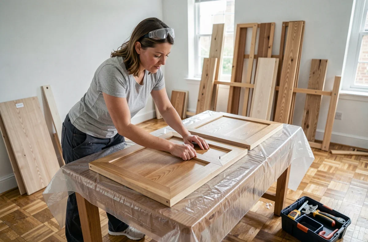 Femme assemblant un panneau de porte d'armoire en bois dans un salon en cours de rénovation