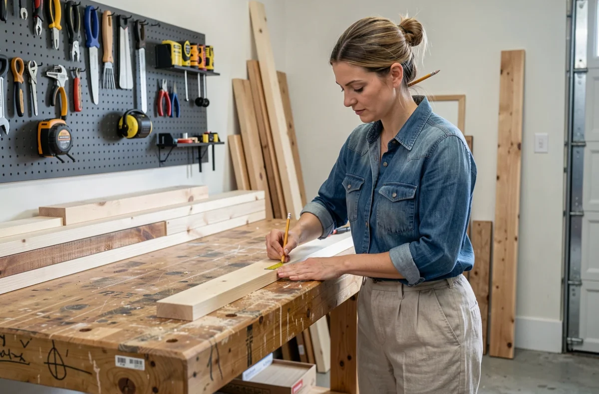 Femme mesurant une planche en bois dans son atelier maison lors d'un cours de bricolage autonome