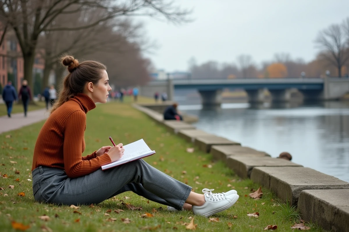 Jeune femme assise dans l'herbe au bord de la Charles River à Allston dessinant avec le BU Bridge en arrière-plan