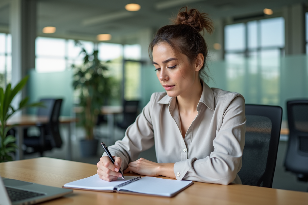 Femme concentrée travaillant sur son ordinateur dans un bureau moderne