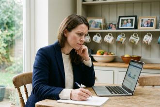 Femme en tenue de bureau assise à une table de cuisine