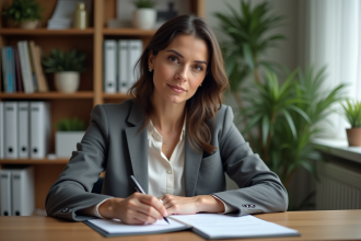 Femme en bureau à domicile en train d'écrire une note