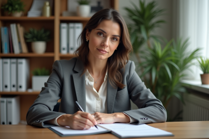 Femme en bureau à domicile en train d'écrire une note