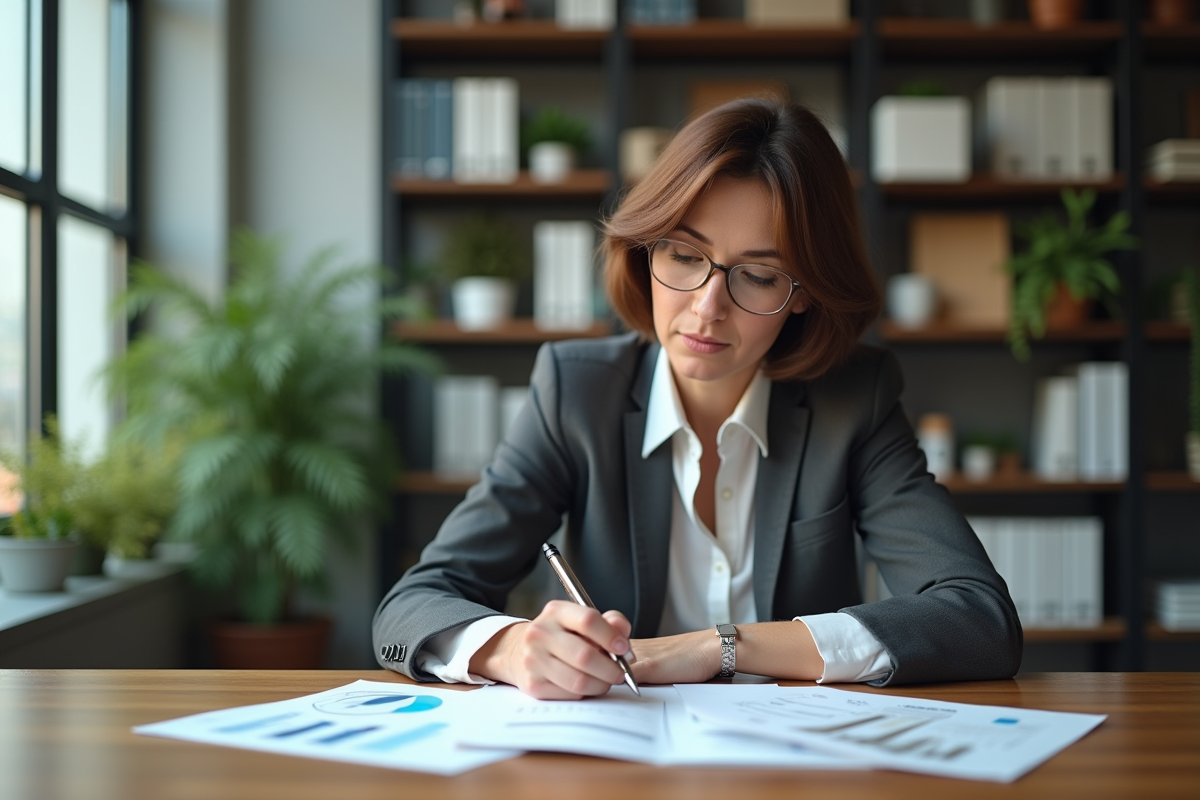 Femme d'âge moyen prenant des notes dans un bureau moderne