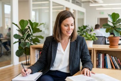 Femme en bureau moderne en tenue smartcasual