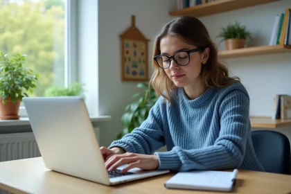 Jeune femme au bureau avec ordinateur portable et sweater bleu
