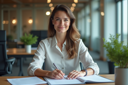 Femme en bureau organise son portfolio avec concentration