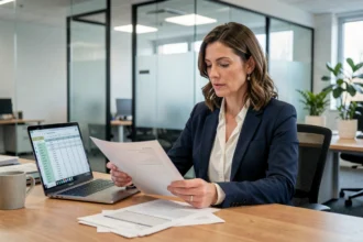 Femme cadre analysant une grille salariale avec ancienneté et échelon dans un bureau moderne