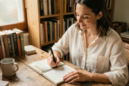 Femme écrivant dans un cahier papier à son bureau en bois, illustrant la pratique quotidienne des exercices d'écriture