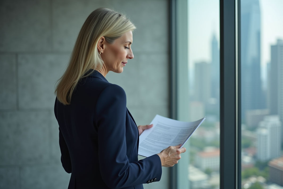 Femme directrice générale en réflexion devant une fenêtre urbaine