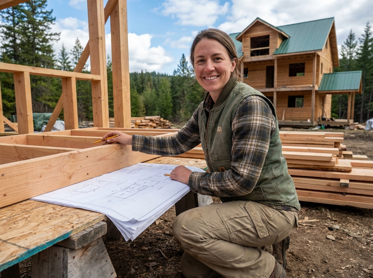 Femme en extérieur étudiant un plan de construction bois