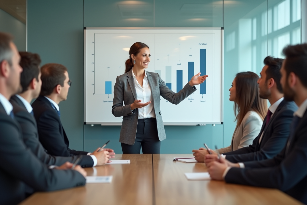 Femme CFO expliquant un graphique lors d