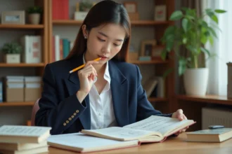 Jeune femme comparant des manuels de japonais et de chinois à son bureau pour choisir la langue la plus stratégique à apprendre