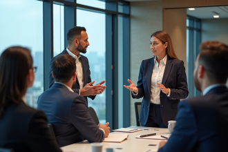 Femme en blazer navy lors d'une conférence stratégique