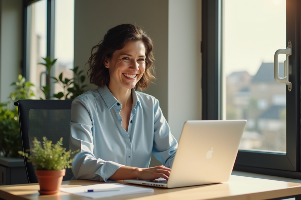 Femme confiante travaillant sur un ordinateur dans un bureau lumineux